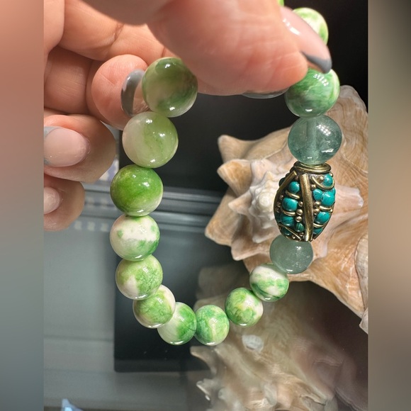 RARE PERSIAN JADE + FLUORITE + TURQUOISE NATURAL BRACELET size 7” - Picture 3 of 11